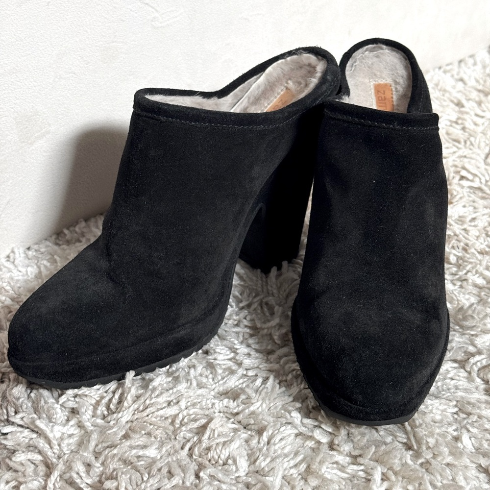 Zamagni Black Suede Fur Lined Slip-On Mules Slides Chunky Block Heel Sz 38